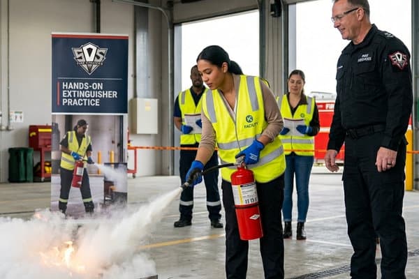 A trainee in a safety vest uses a fire extinguisher on a practice fire while an instructor supervises.
